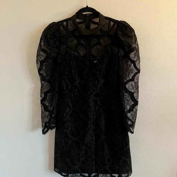 Sandro - Black Floral Lace & Embroidered Puff Sleeve Sheath Dress Size 40 - Picture 2 of 7